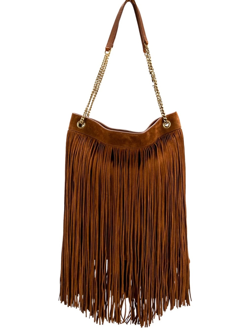 YSL-Grace Medium Brown Fringe Suede Shoulder Bag with Chain Straps